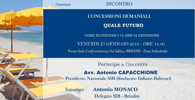 CONCESSIONI DEMANIALI: QUALE FUTURO?  A BRINDISI INIZIATIVA DELLA CONFCOMMERCIO  CON IL PRESIDENTE NAZIONALE DEL SINDACATO ITALIANO BALNEARI – VENERDI’ 25 GENNAIO