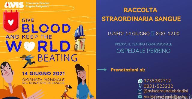 Avis Brindisi: Giornata Mondiale del Donatore e raccolta sangue del 14 giugno.
