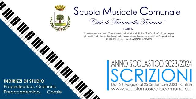 Corsi di strumento musicale e canto della Scuola Musicale Comunale “Città di Francavilla Fontana” per l’A.S. 2023/2024.ISCRIZIONI FINO AL 25 SETTEMBRE