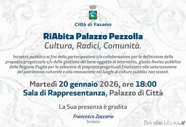 “RiAbita Palazzo Pezzolla – Cultura, Radici, Comunità.”: il Comune di Fasano avvia il percorso partecipativo