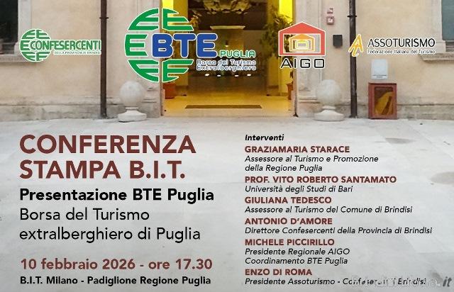 IT 2026: la BTE Puglia – Borsa del turismo extralberghiero si presenta a Milano. Brindisi protagonista del turismo extralberghiero