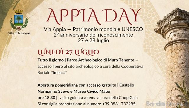 Mesagne celebra il II Anniversario della Via Appia UNESCO: lunedì 27 e martedì 28 luglio la “Giornata dell’Appia” con eventi gratuiti, visite guidate e degustazioni